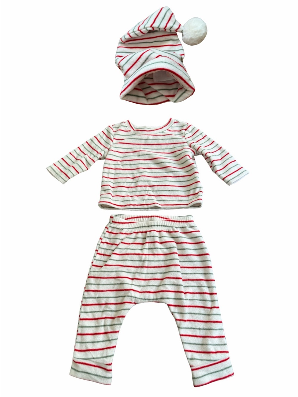 Old Navy White Pajama Set with Red & Green Stripes and Pom Hat